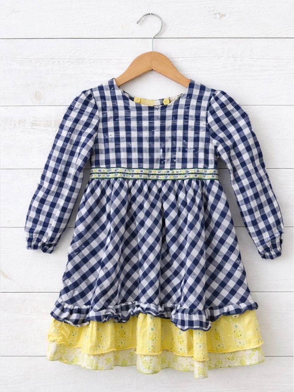 Matilda Jane Girls Size 6 Blue Gingham Ruffle Hem Dress Button